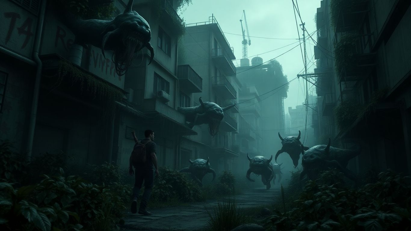 Joel fighting infected in a ruined city