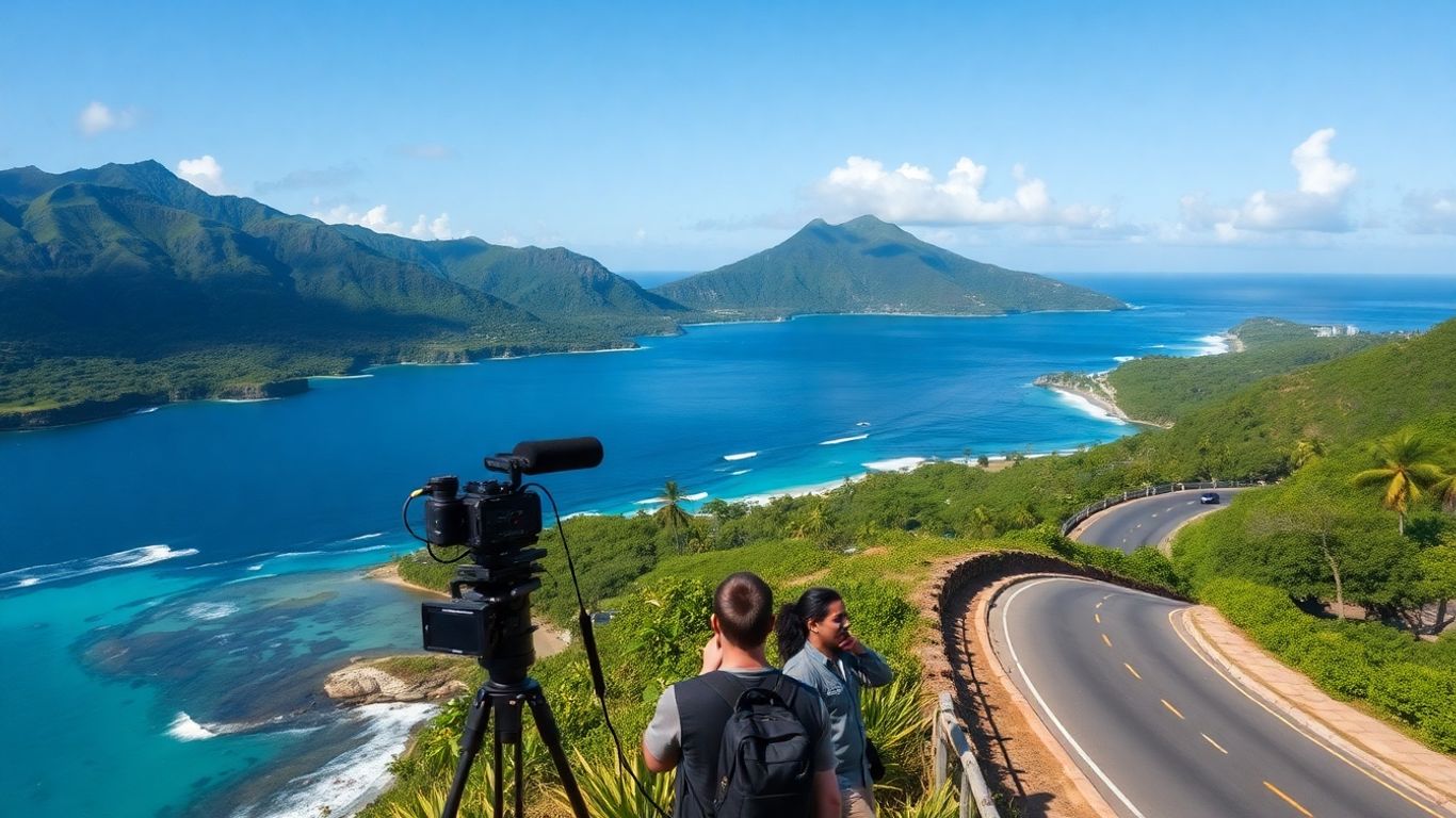 Tournage de film en Guadeloupe, paysage tropical.