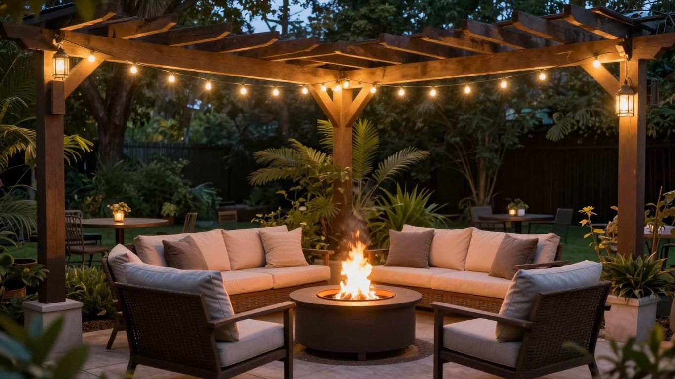 Warm patio lights creating a magical evening ambiance.