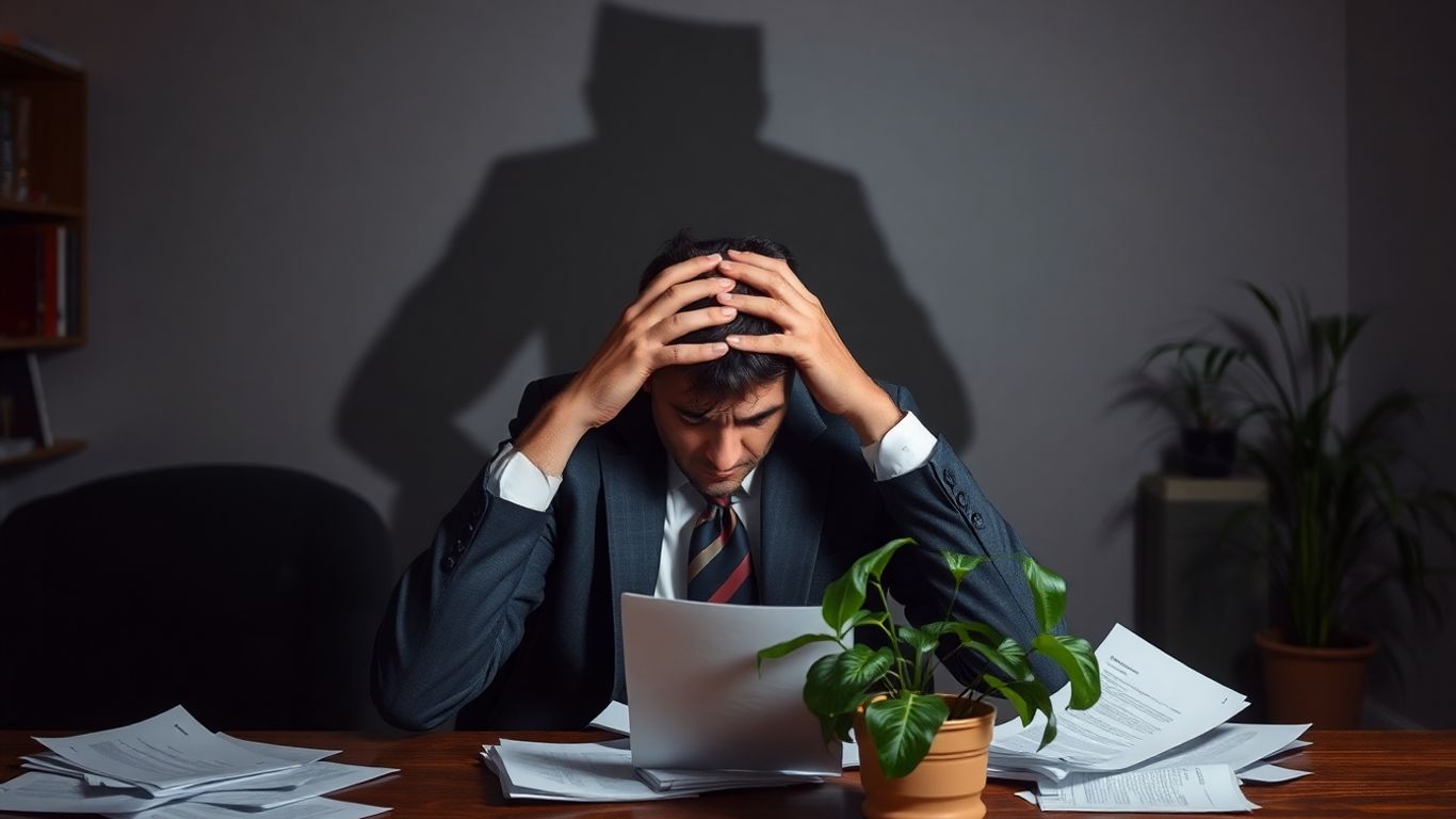 Business owner in despair, ominous figure looms.