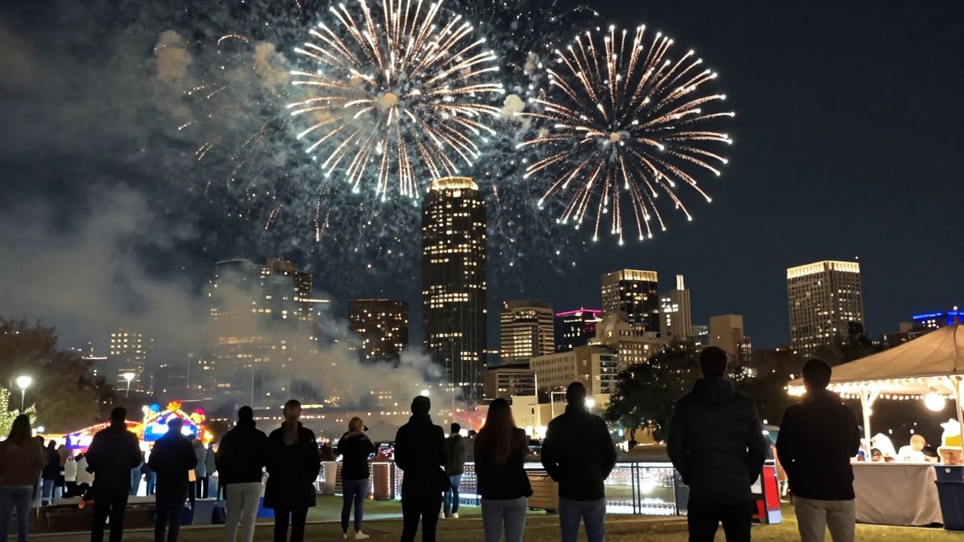 North Dallas skyline with fireworks for New Year's Eve.