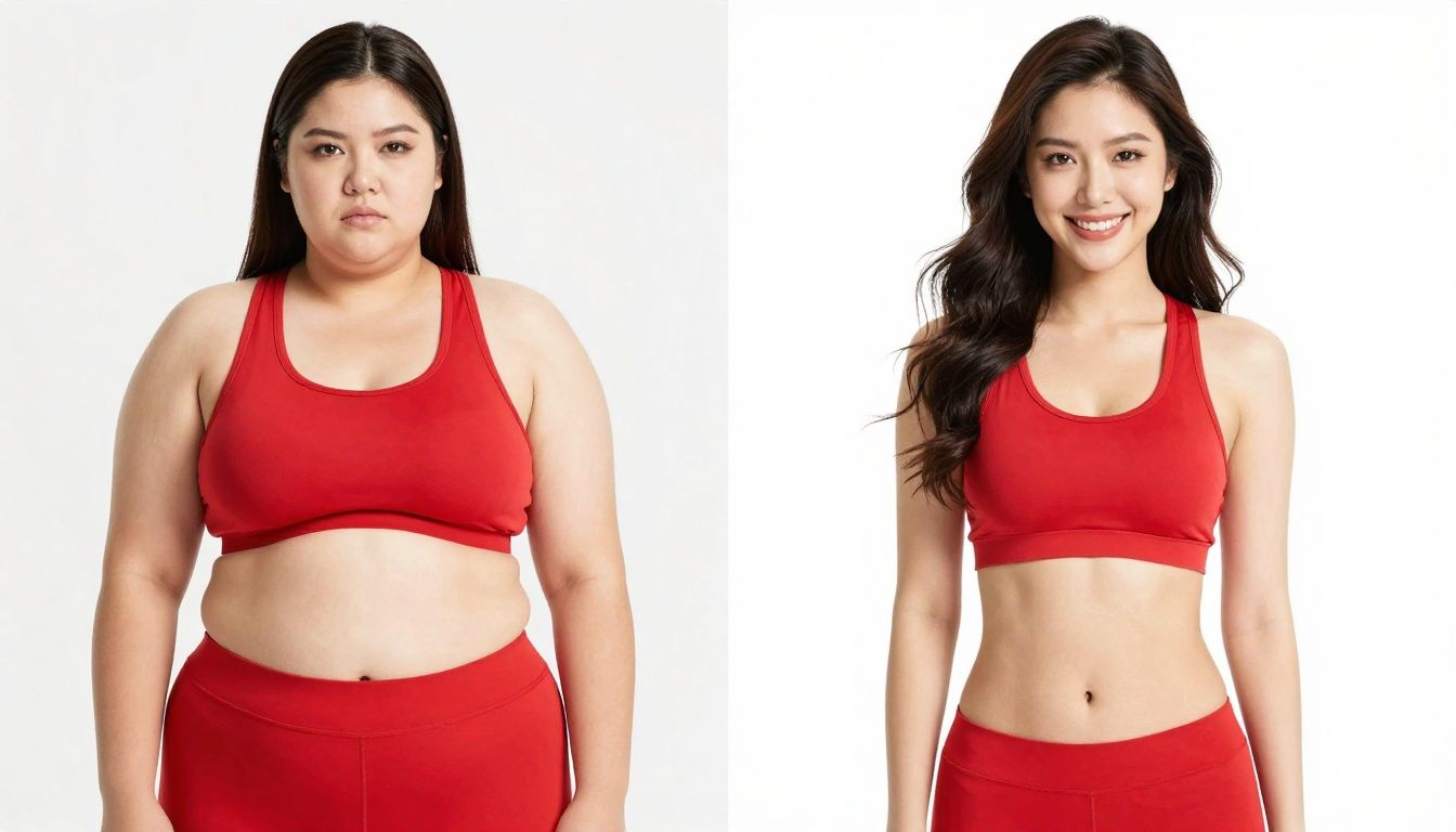 Woman's weight loss transformation, before and after, in a red outfit.
