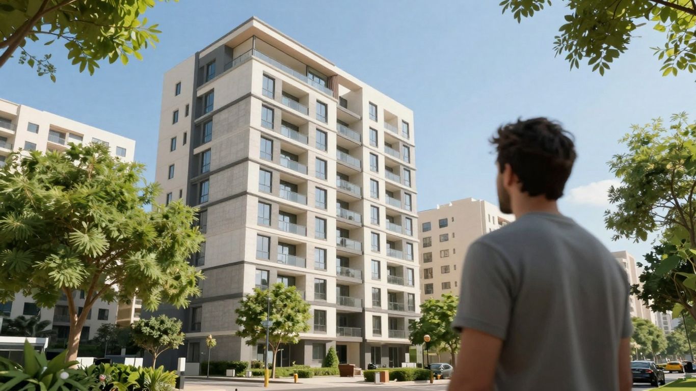 Person looking at a modern apartment building and cityscape.