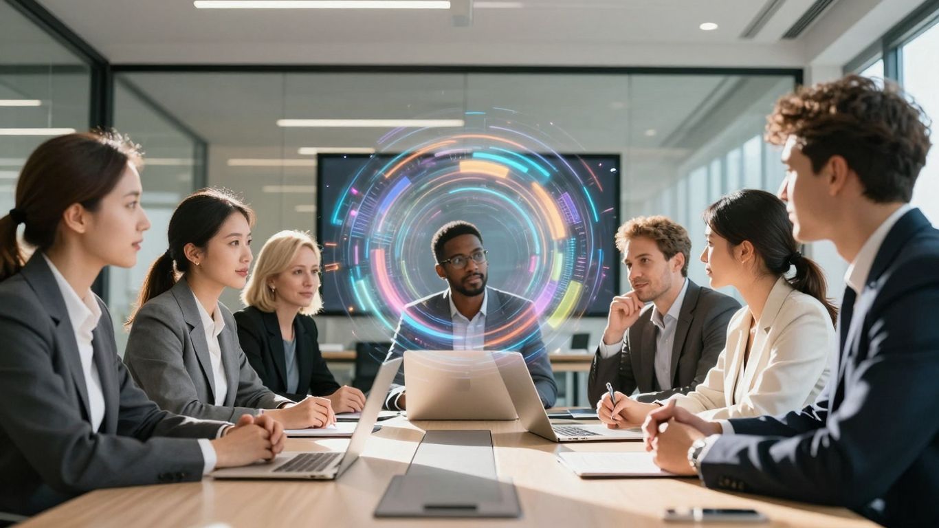 Business professionals collaborating in a modern office with digital elements.