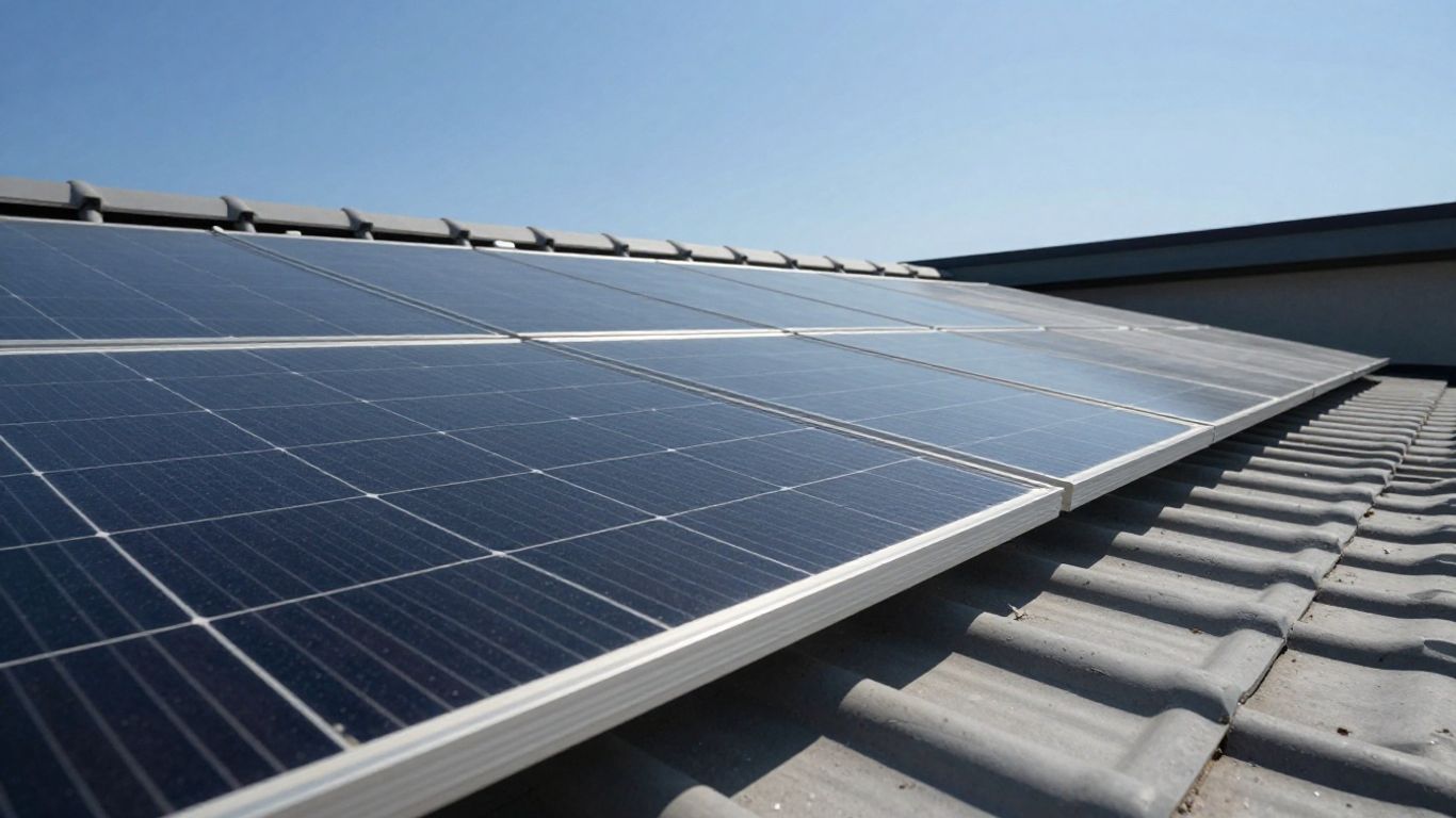 Panneaux solaires sur un toit sous un ciel bleu.