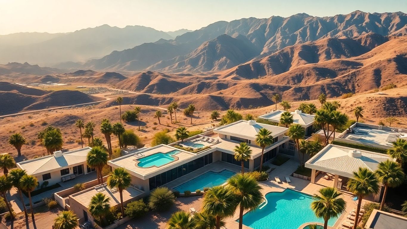 Palm Springs homes and mountains under a bright sun.