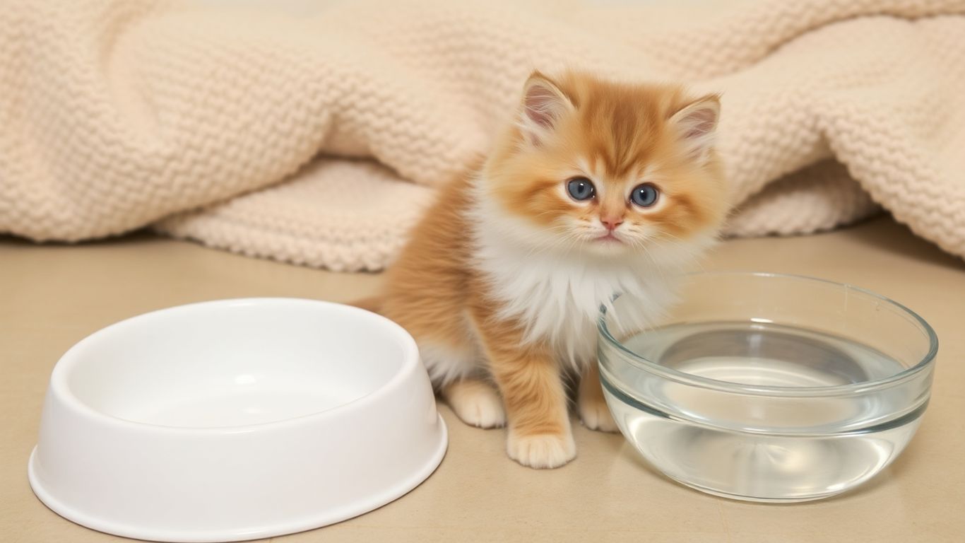 Kitten with food and water bowls.