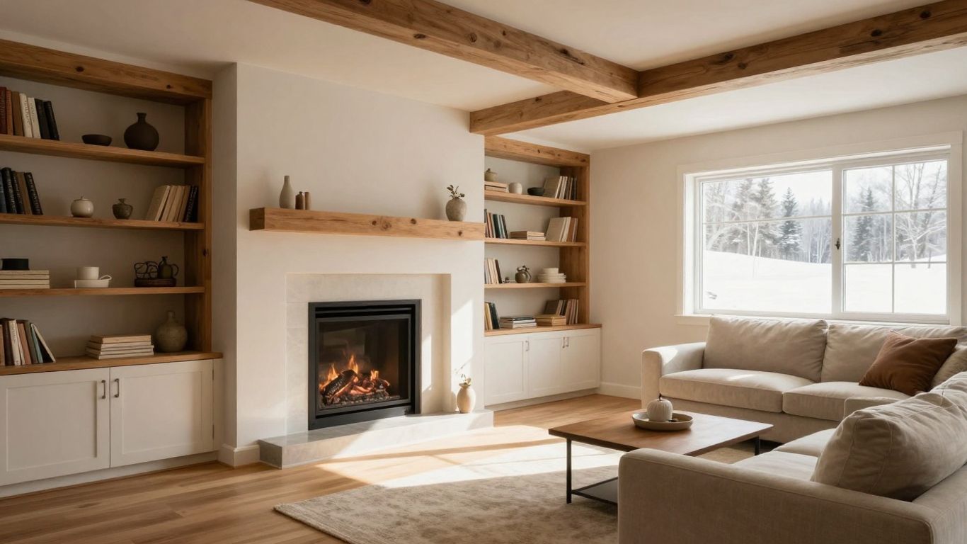 Cozy finished basement with fireplace and smart storage.