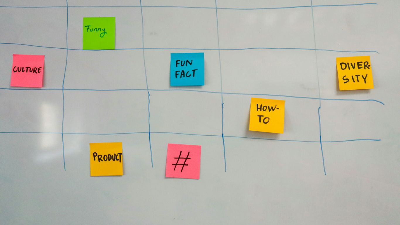 a whiteboard with post-it notes on it