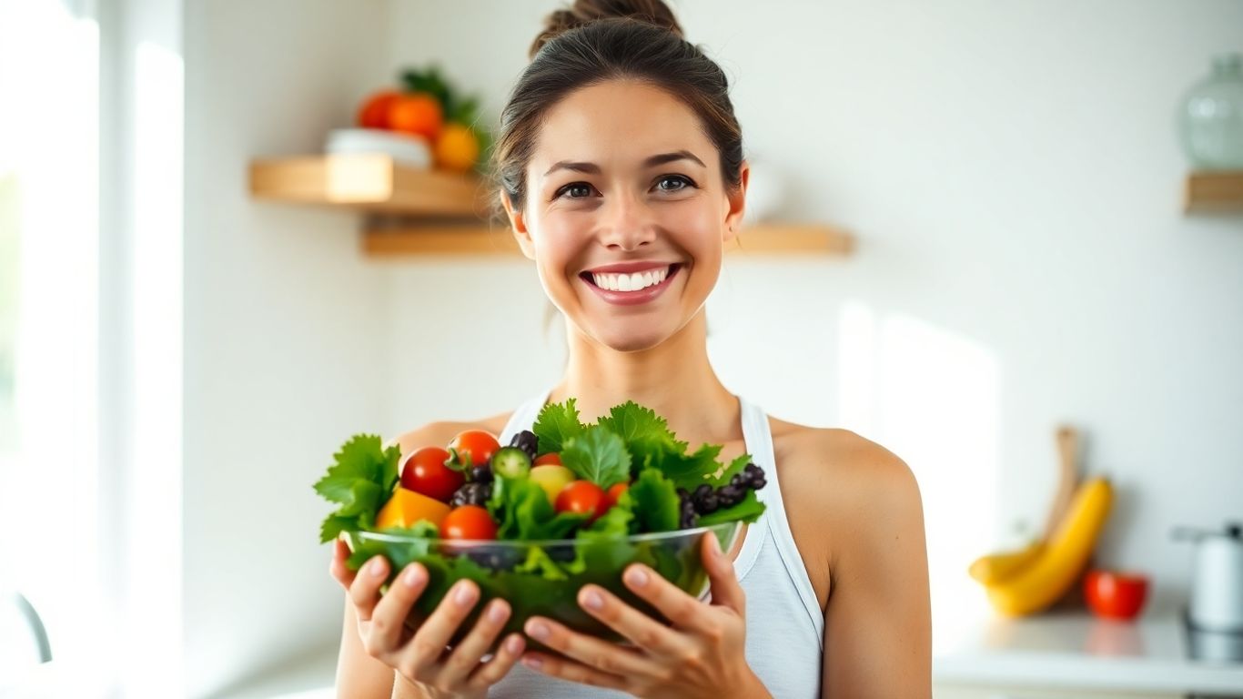 Mulher saudável comendo salada, estilo de vida ativo.