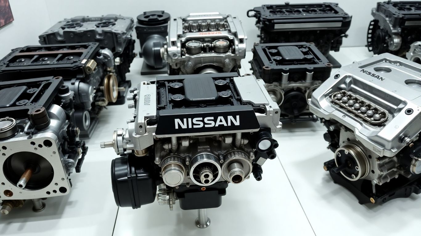 Various Nissan engines displayed for sale.