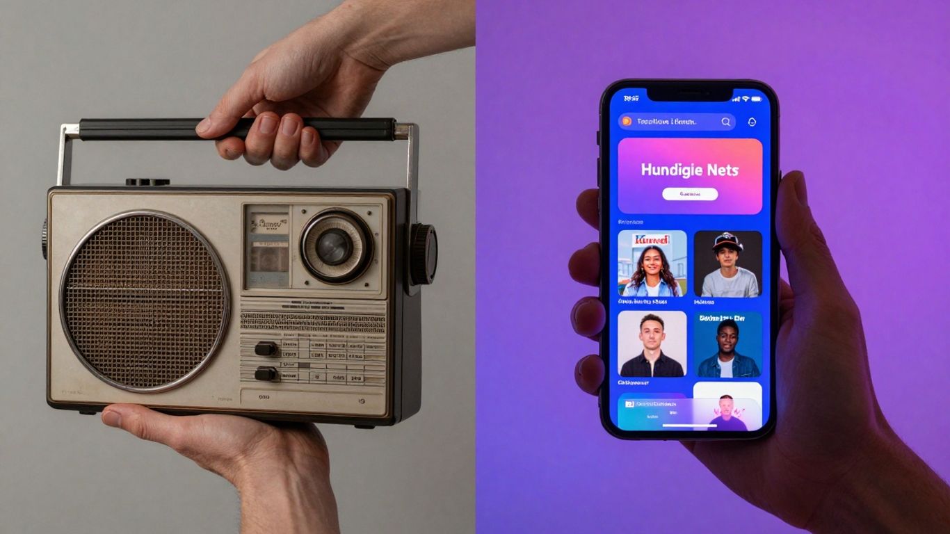 Evoluția consumului media: radio vechi versus smartphone modern.