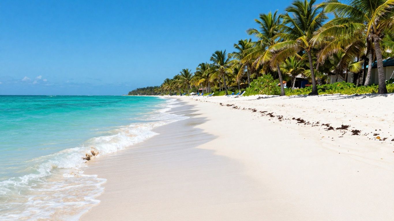 Prachtig strand met palmbomen en helderblauw water.