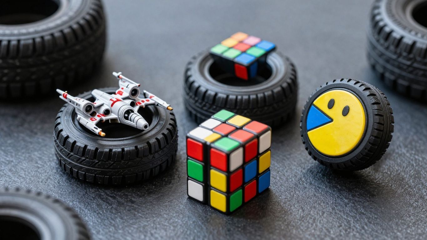 Collection of nerdy and fun tire caps for cars.