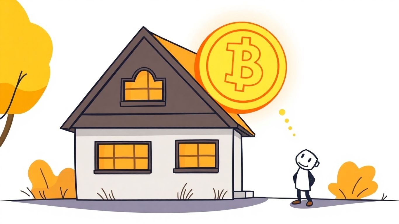 Cartoon house with a glowing coin and a thoughtful person.