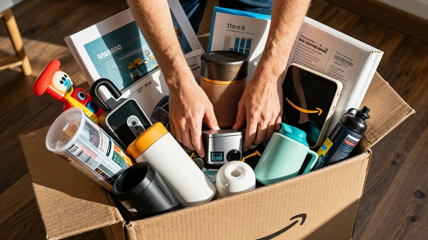 Popular Amazon items spilling from a delivery box.