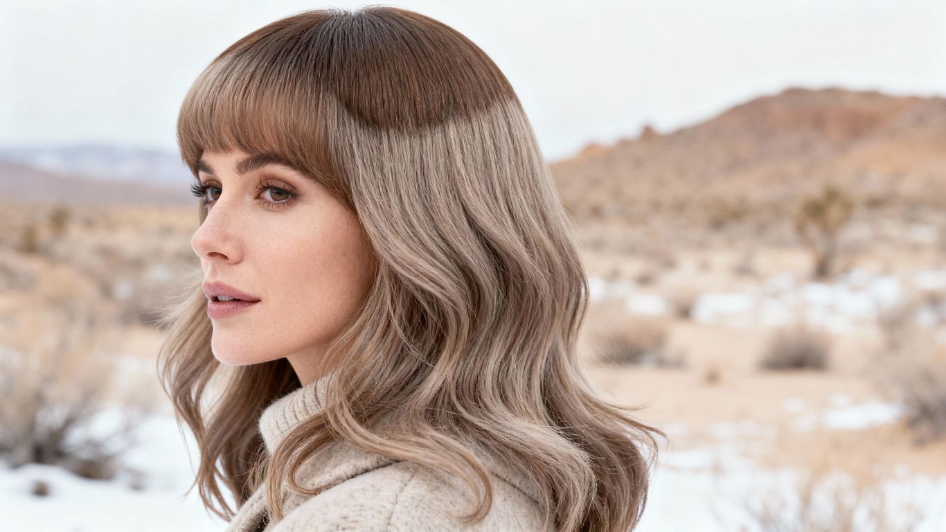 Woman with styled synthetic hair topper in winter.