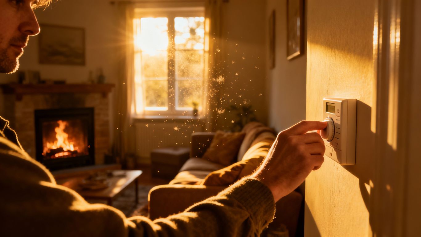 Cozy living room with fireplace and sunlight.