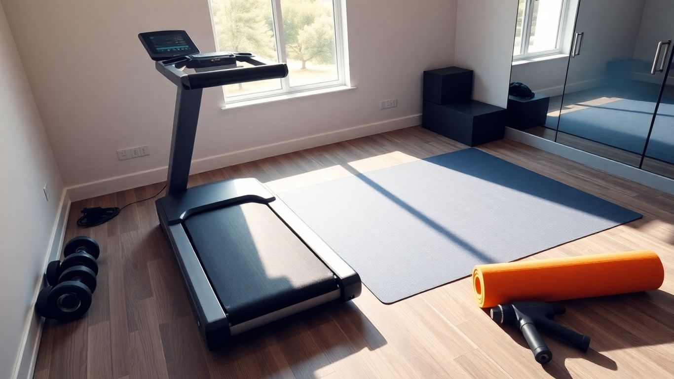 Home gym with treadmill, weights, and recovery tools.