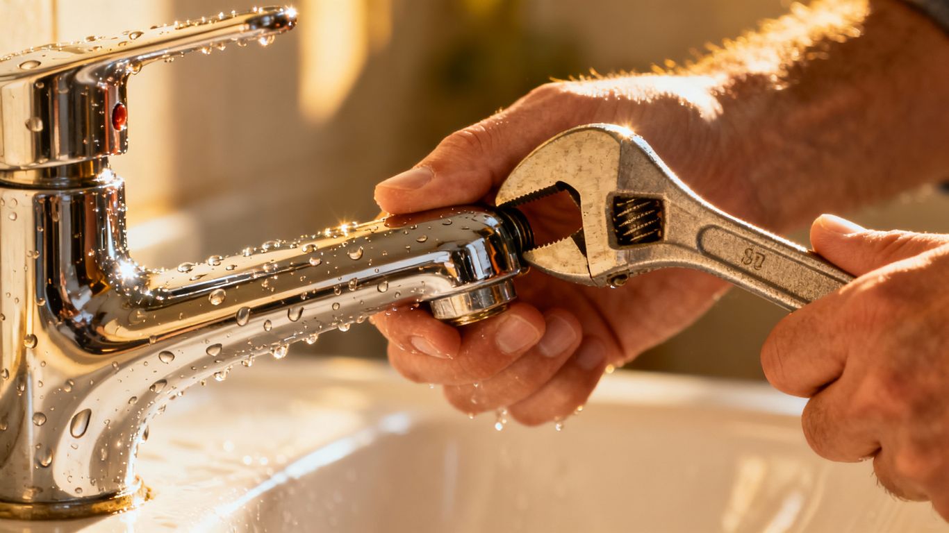 Homeowner fixing a leaky faucet with a wrench.