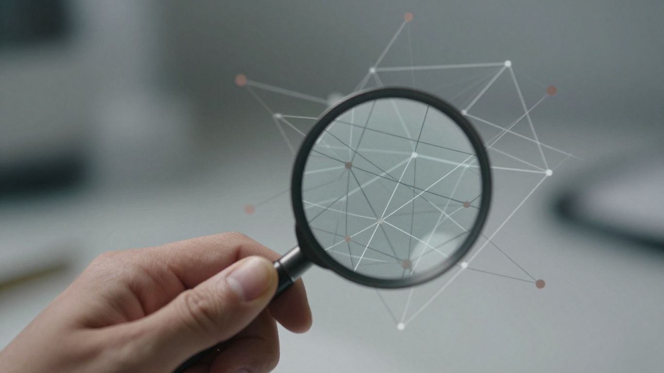 Magnifying glass examining interconnected network lines.