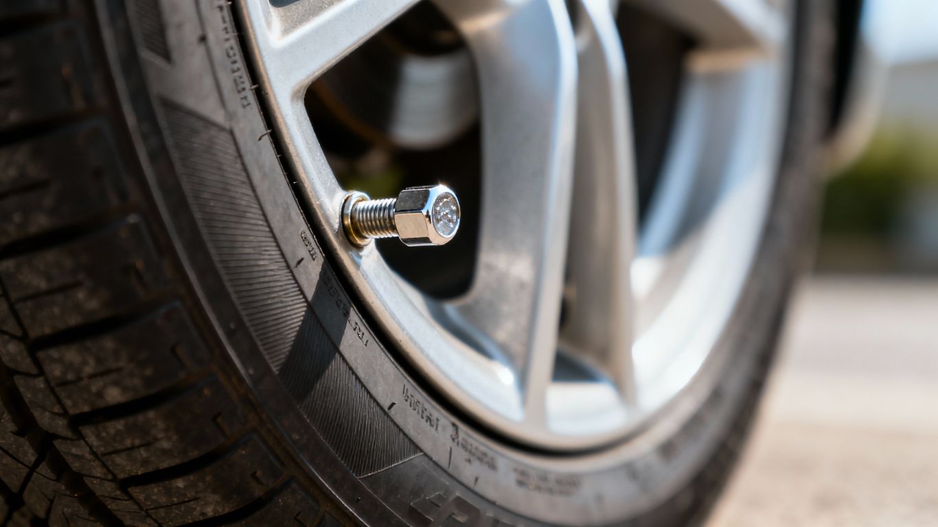 Close-up car tire valve stem with metallic cap