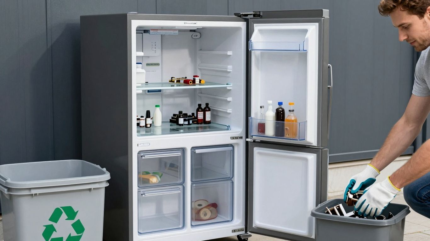 Kühlschrank wird recycelt, Person in Handschuhen