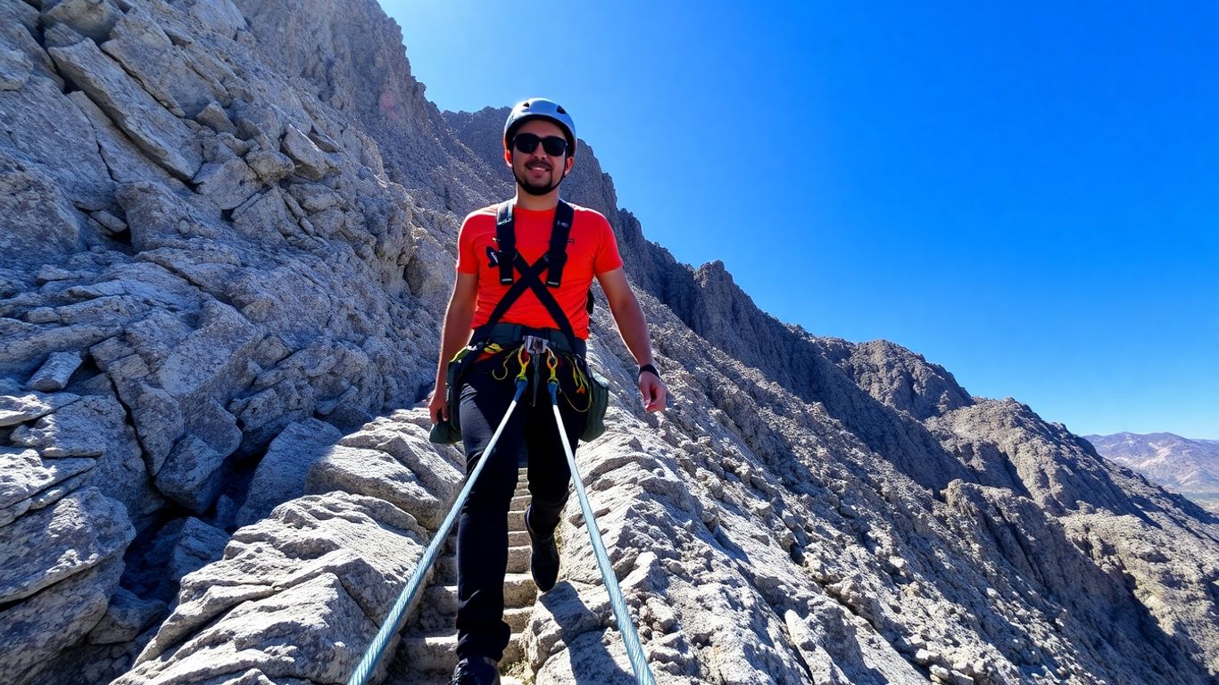 Person climbing a rocky via ferrata path under a blue sky.