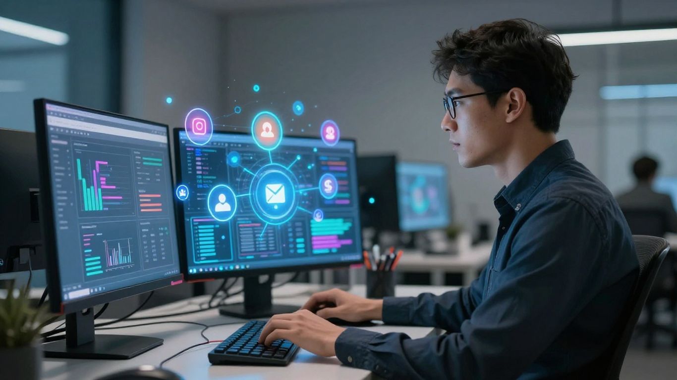 Personne travaillant sur les réseaux sociaux avec des icônes et des graphiques.