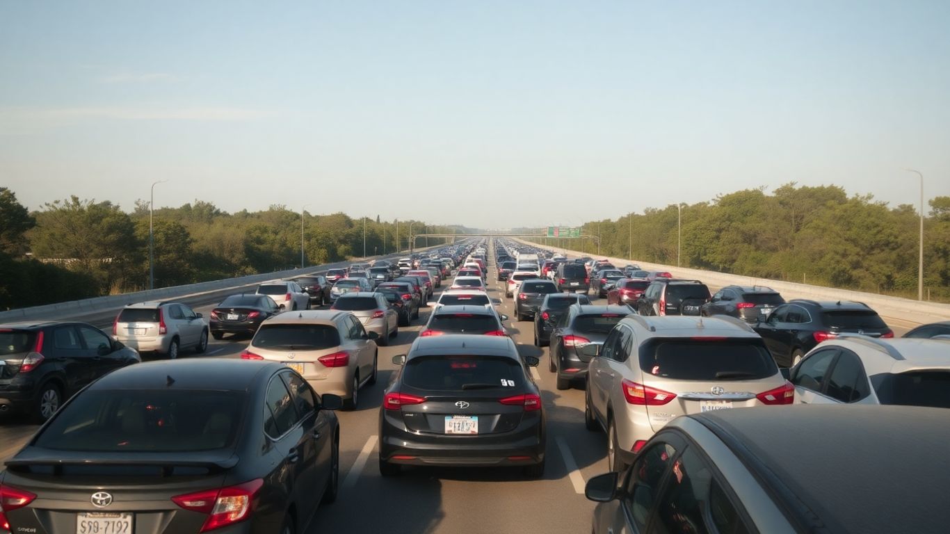 Voitures sur une autoroute bondée pendant les vacances.