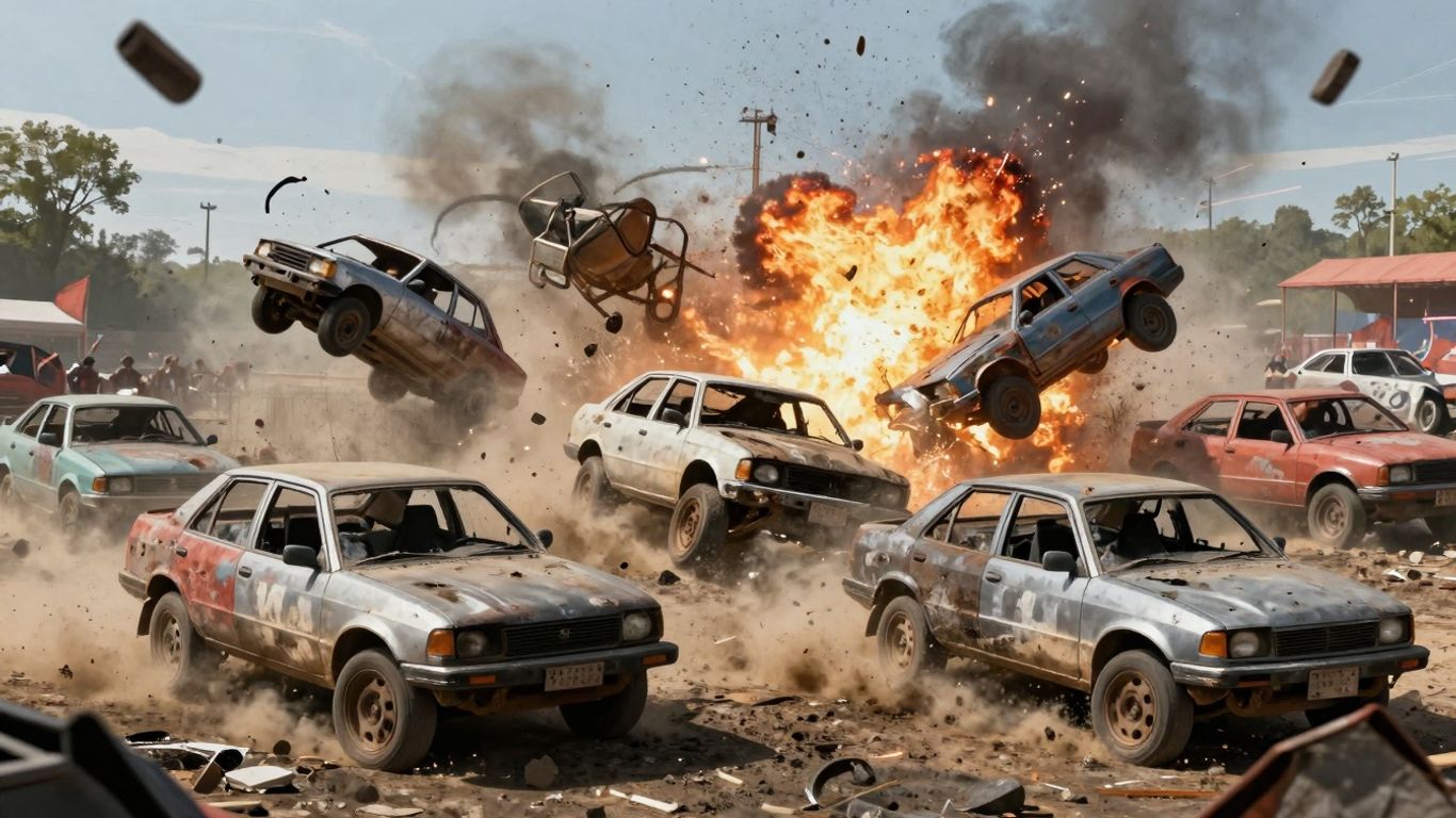 Cars smashing and exploding in a demolition derby game.