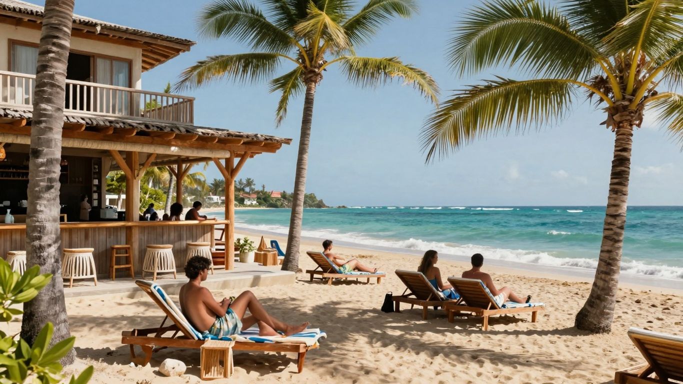 SUR Beach House with ocean and palm trees.