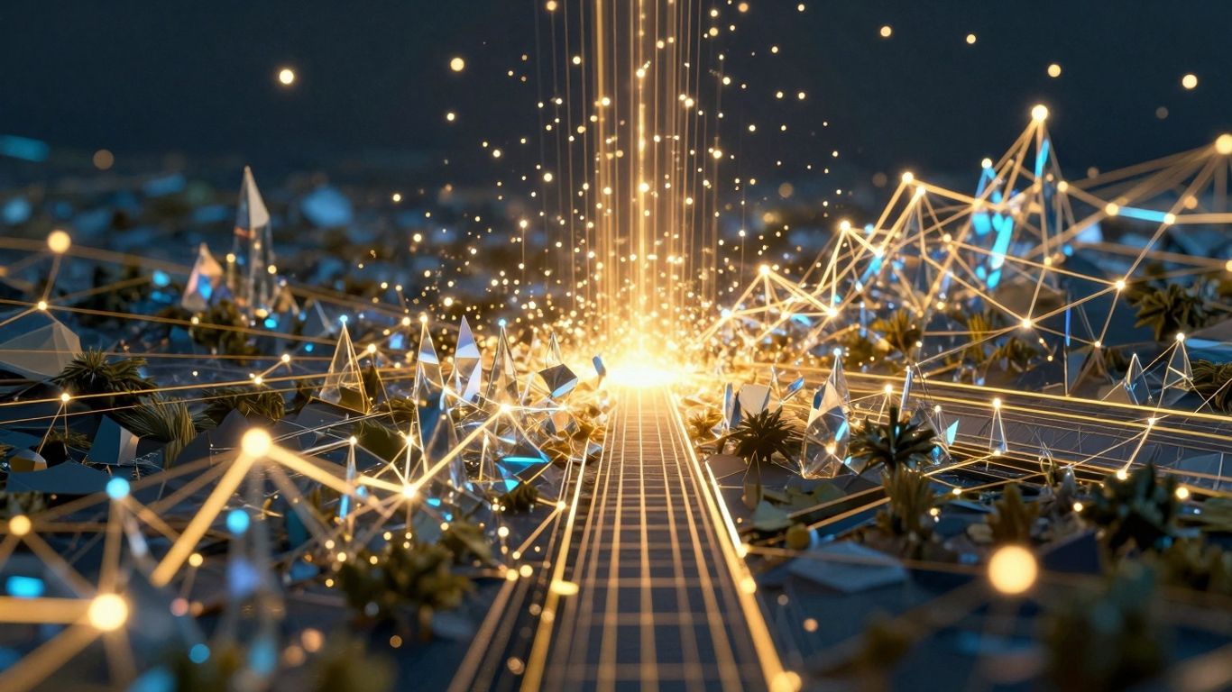 Digital growth fund ecosystem with upward trends and golden light.