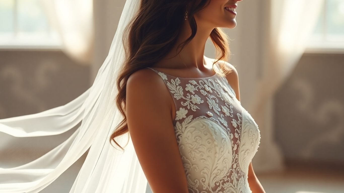 Bride in a modern lace wedding dress.