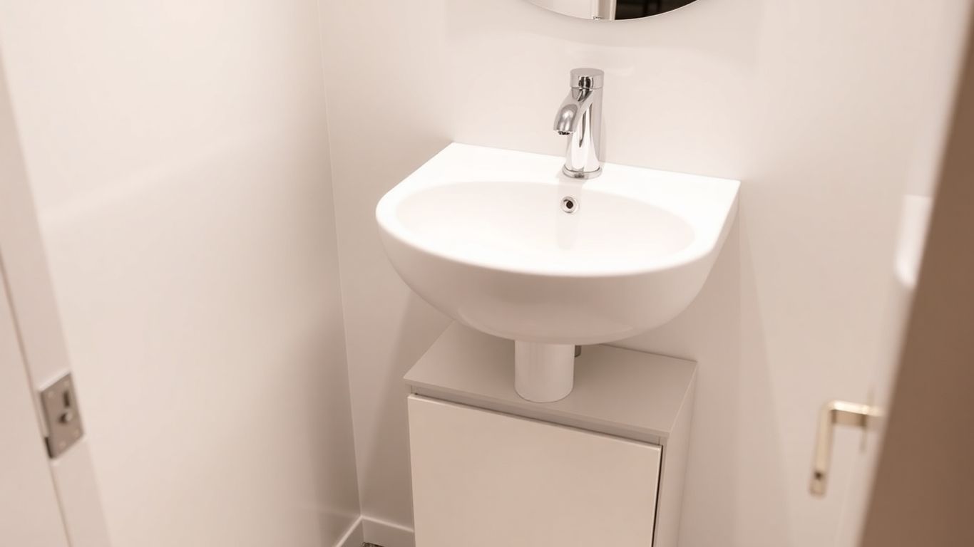 Compact cloakroom wash basin with modern faucet.