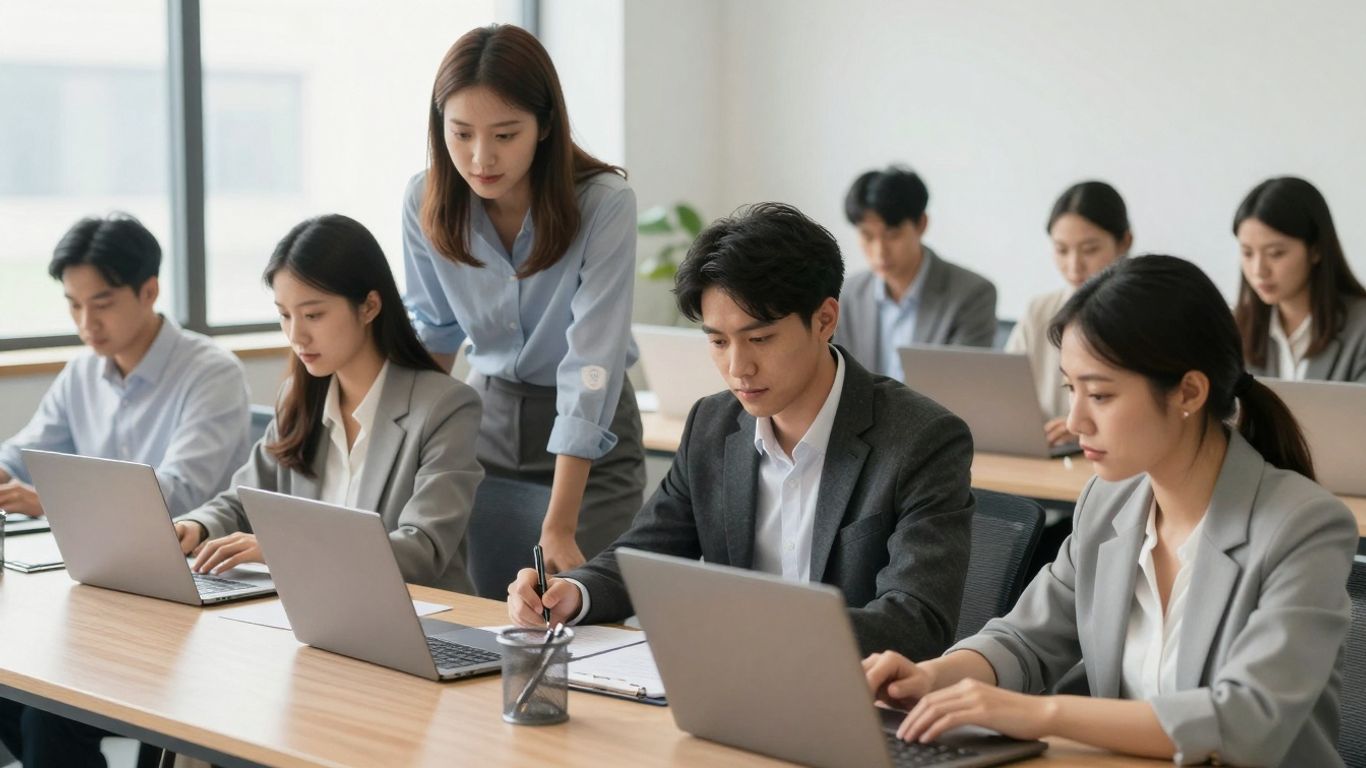 Mensen in een kantoor die samenwerken en communiceren.