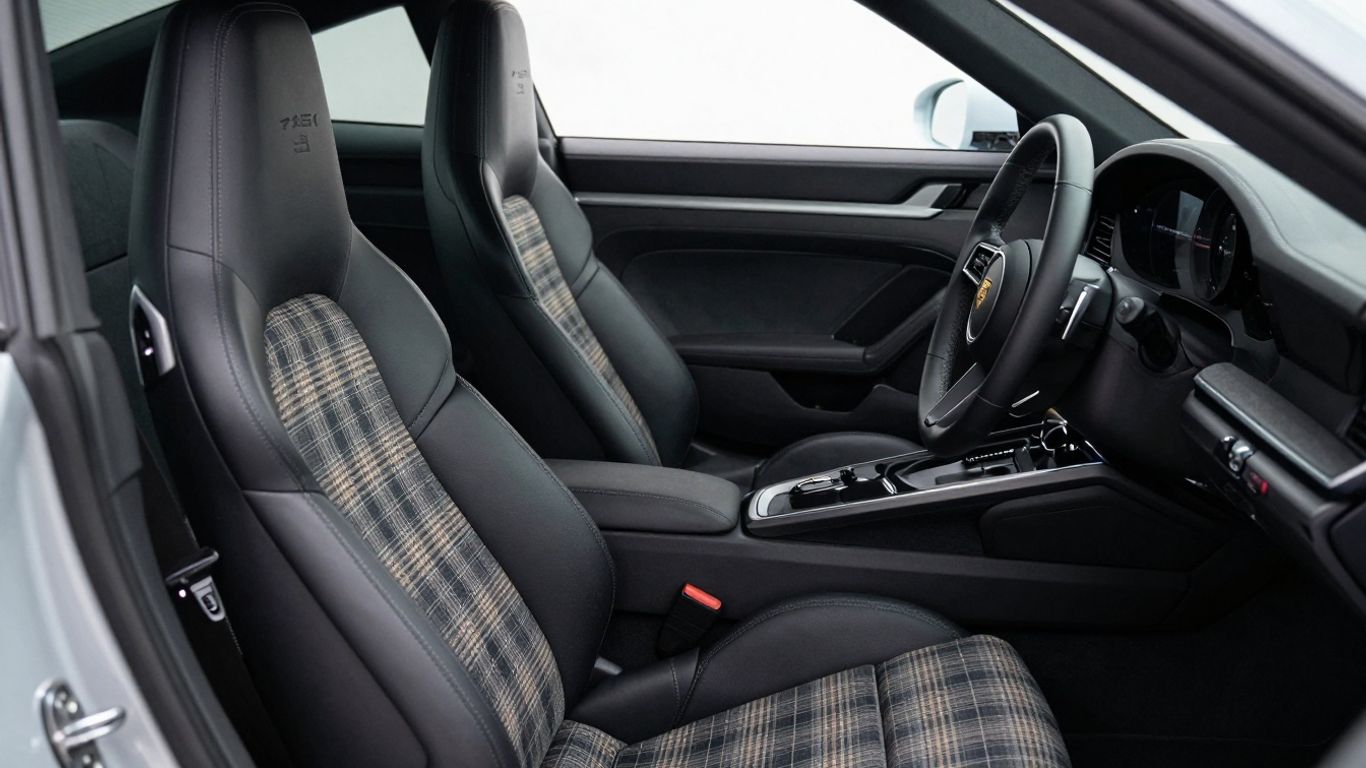 Porsche 911 Turbo interior with tartan seat fabric.