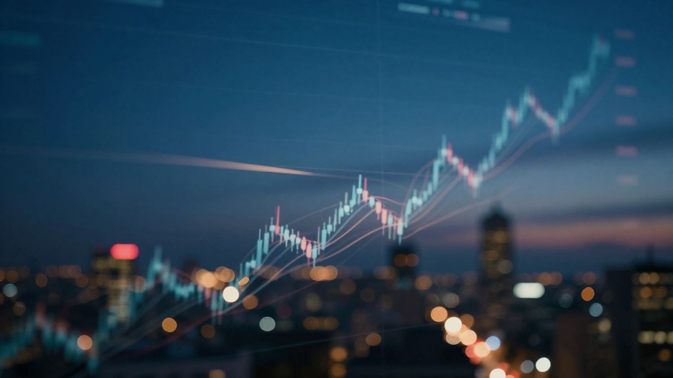 After-hours stock trading with city lights and abstract light streaks.