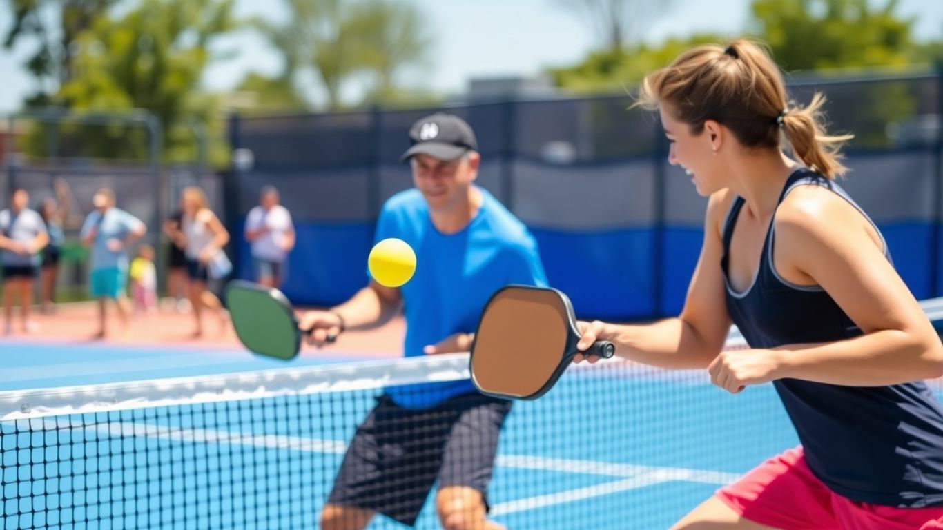 Pickleball players in action on a court.