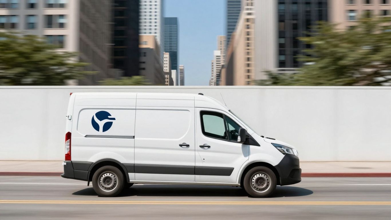 Delivery van speeding through a city landscape.