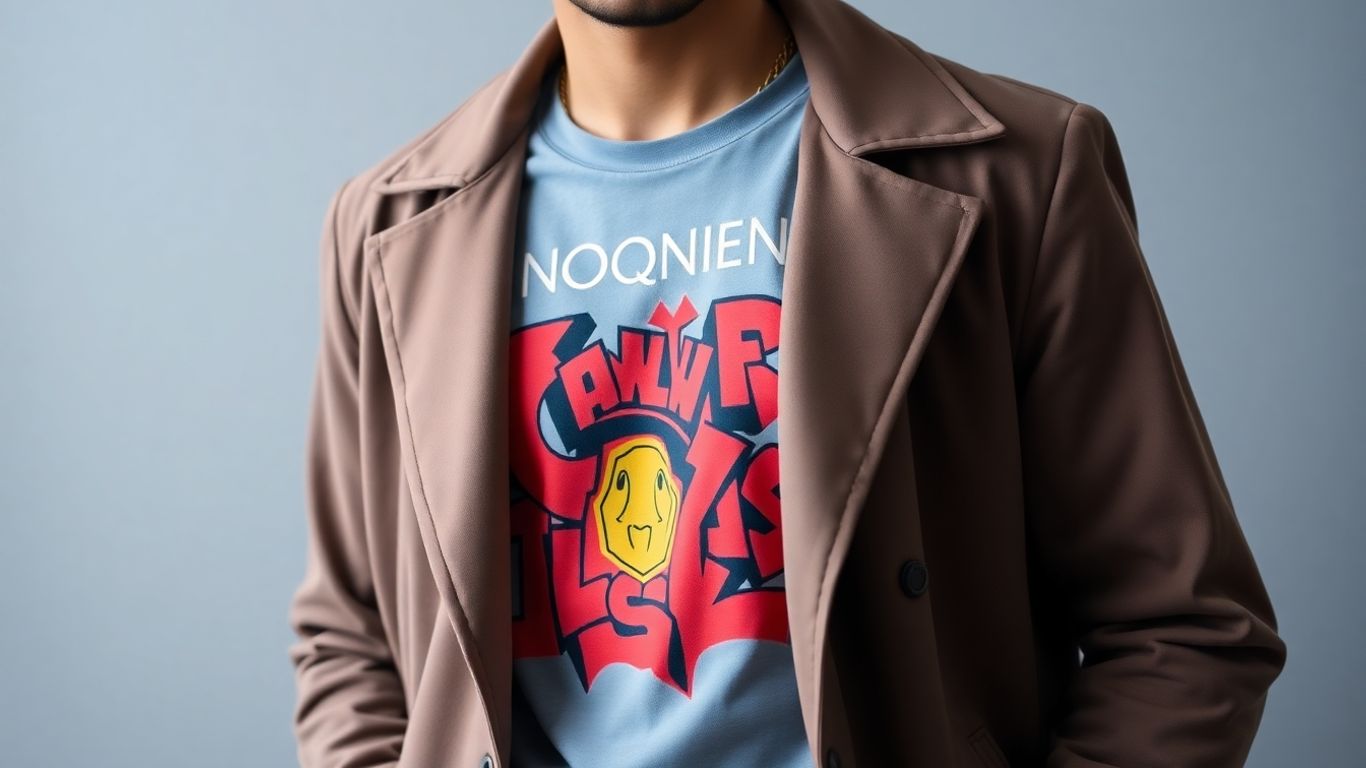 Person wearing a graphic tee and jacket.