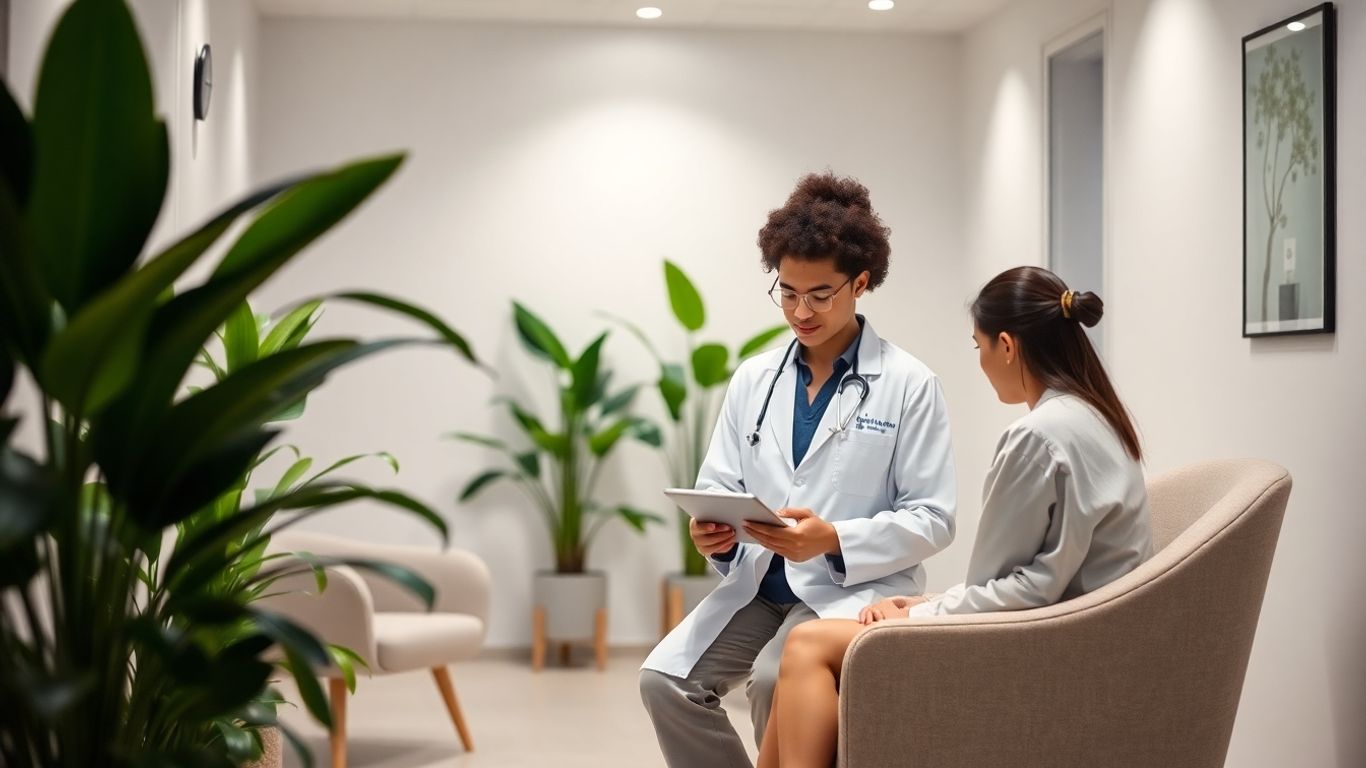 Aesthetics clinic interior with professionals and clients.