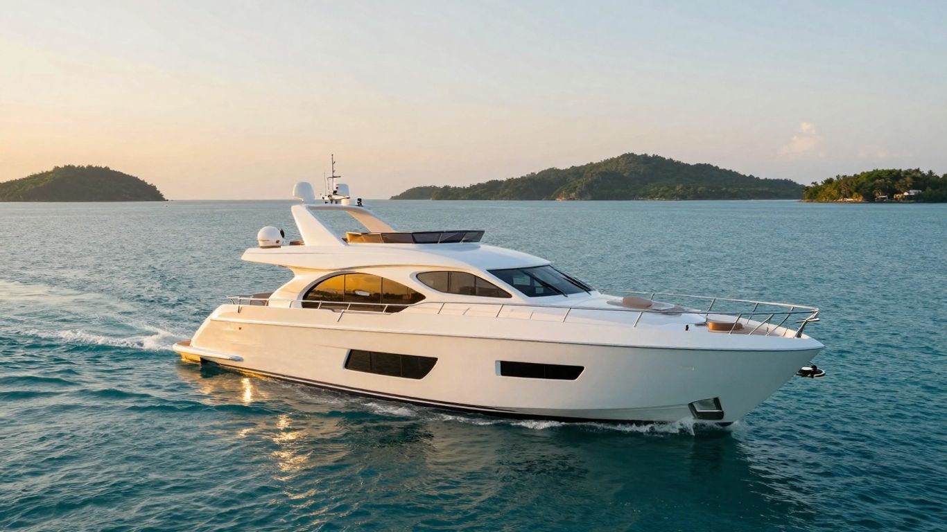 Luxury yacht sailing on a calm ocean at sunset.