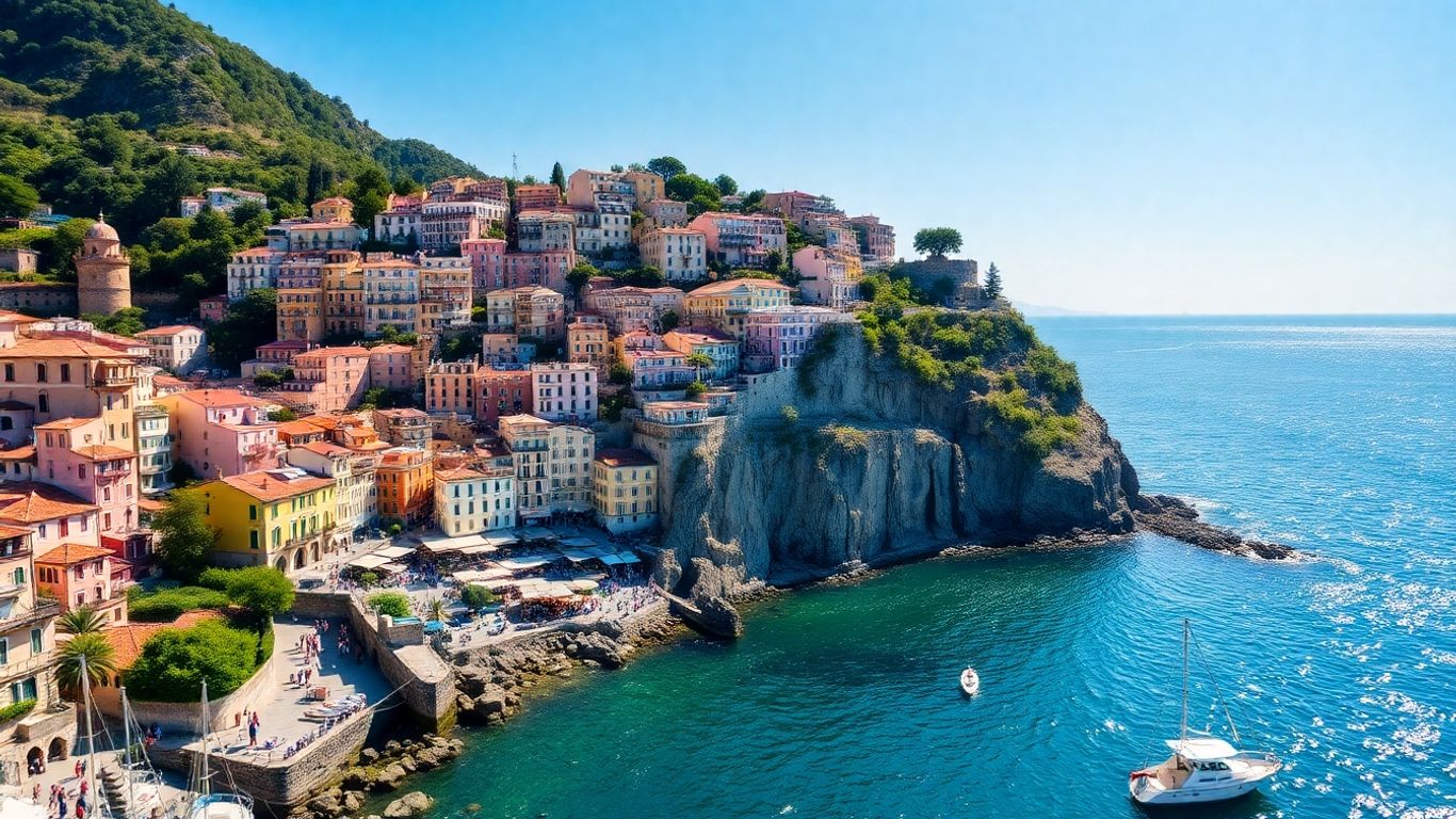 Colorful Amalfi Coast cliffs and blue sea in sunshine.