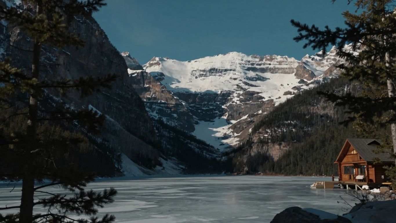 Snowy mountains above an icy lake in Jasper, Canada.