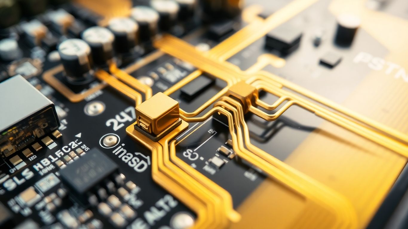 Electronic circuit with gold wires and connectors.