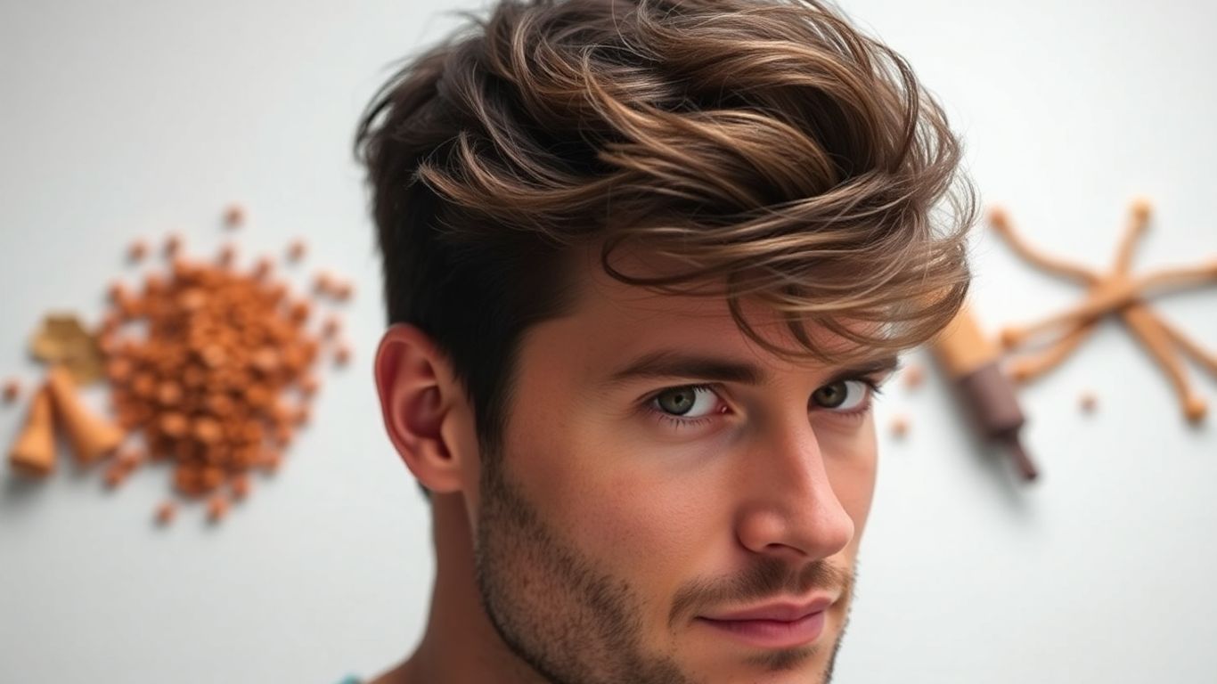 Man with full hair, natural ingredients.