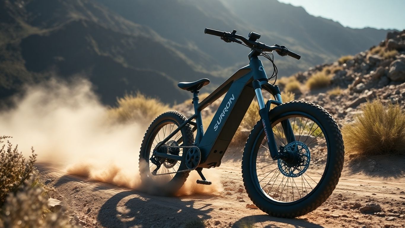 Surron electric bike riding on a dusty, scenic trail.