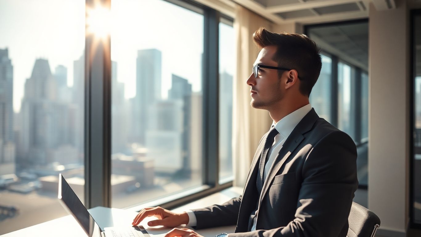 Hedge fund analyst in office with city view