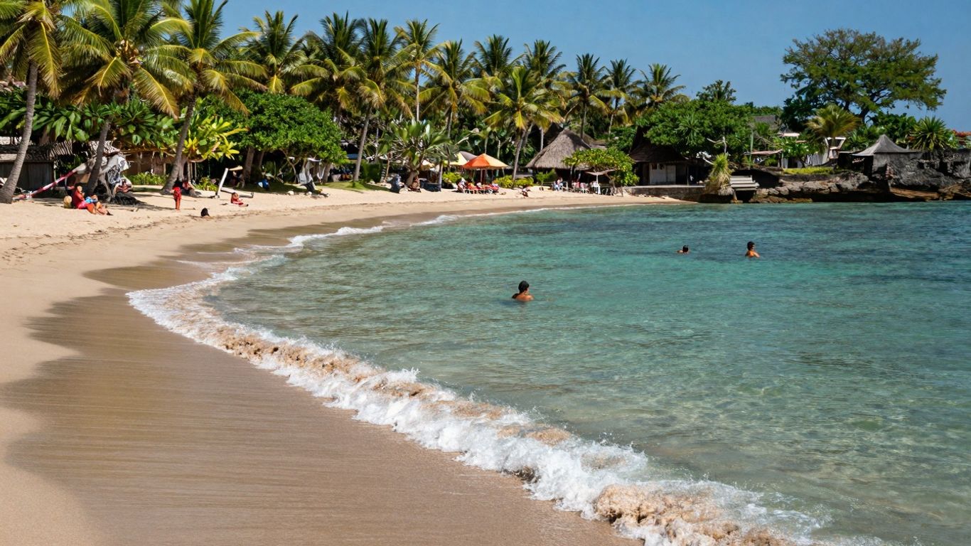 Balinese beach with clear water and palm trees.